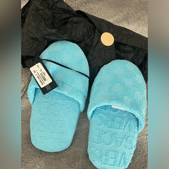 NEW W TAGS! Versace AUTHENTIC La Vacanza Blue Bath Slippers Terry Jacquard Small Luxury Slippers & Designer House Shoes | VERSACE main image 2